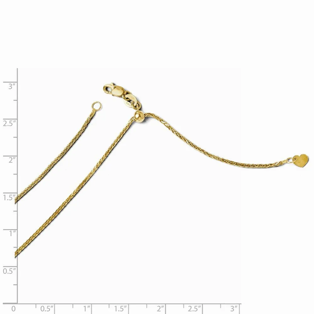 1.3mm 14k Yellow Gold Adjustable D/C Wheat Chain Necklace, 22 Inch