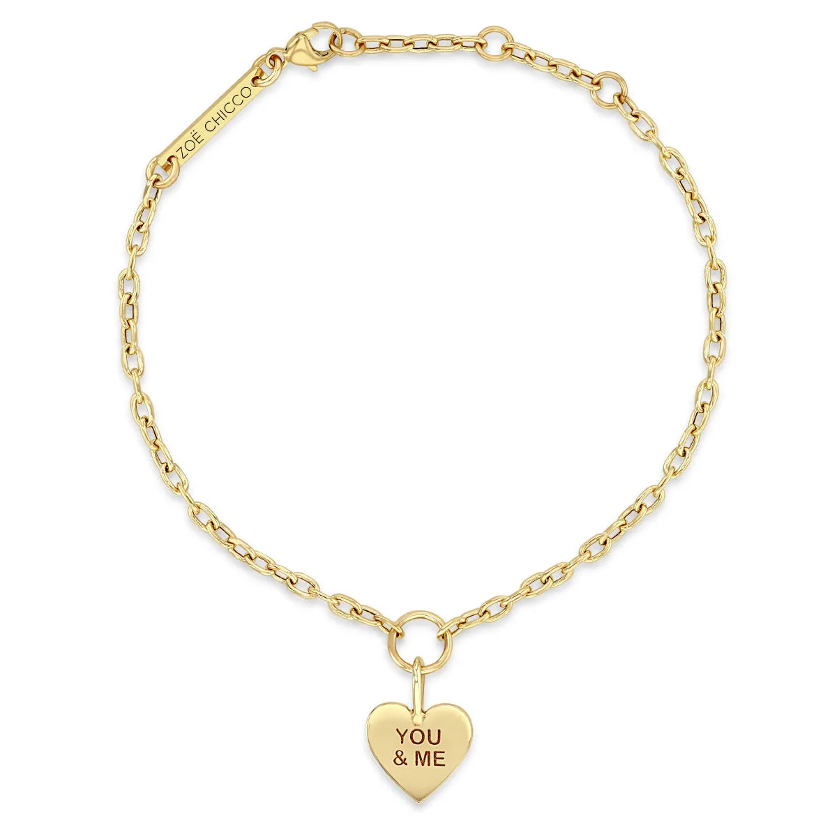 14k Gold Candy Heart Charm Small Square Oval Link Bracelet