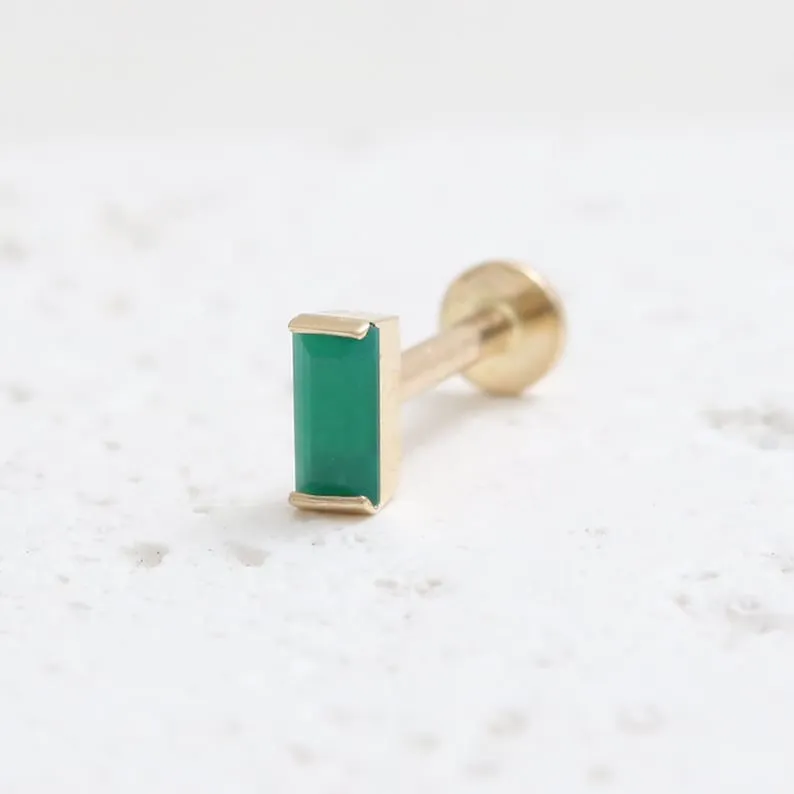 14K Gold Cartilage Helix Tragus Conch Baguette Cut Green Onyx Internally Threaded Flat Back Earring Labret