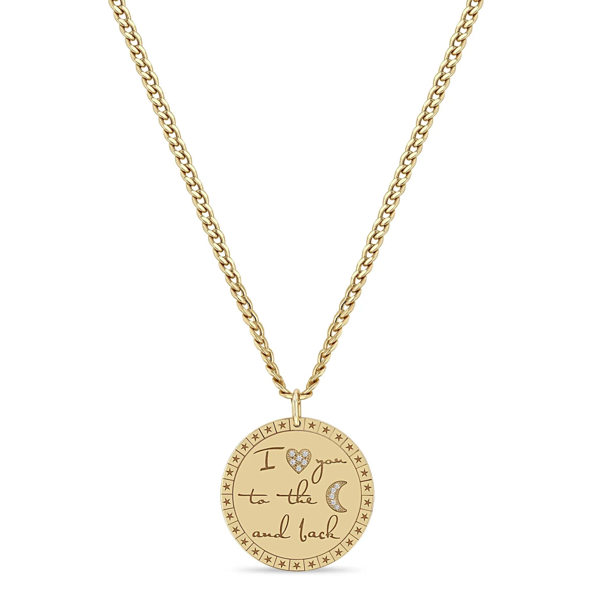 14k Large I love you to the moon & back Mantra Small Curb Chain Necklace