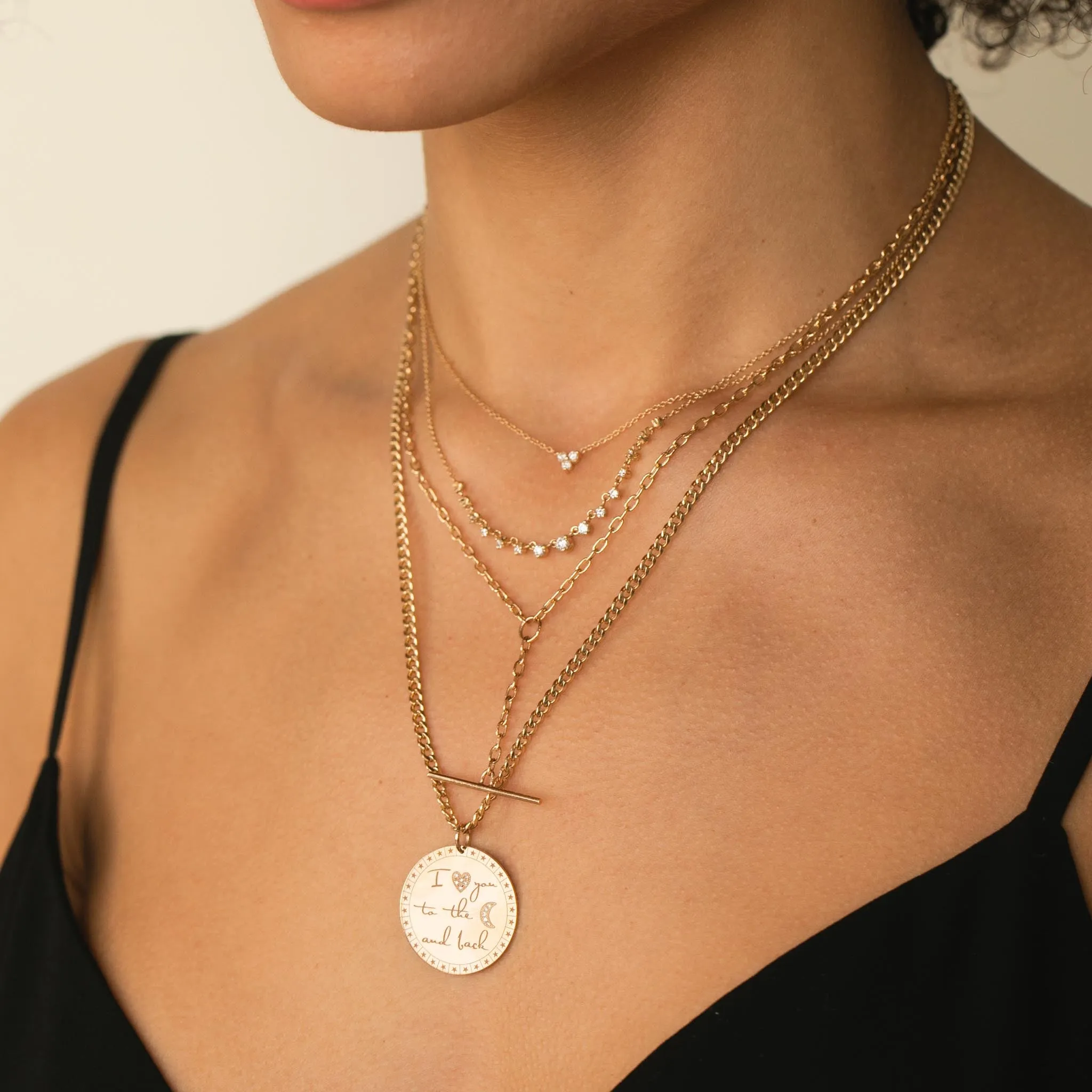 14k Large I love you to the moon & back Mantra Small Curb Chain Necklace