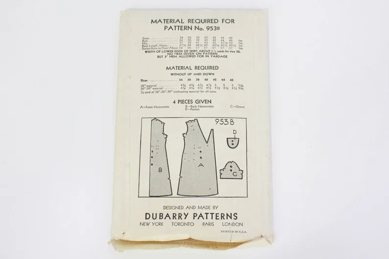 1930s Women's Dress Sewing Pattern DuBarry 953B, Complete, Bust 34