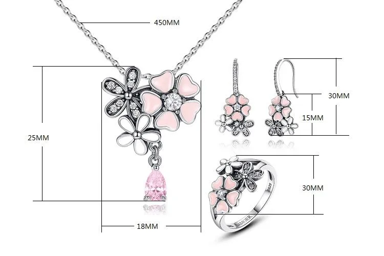 925 Sterling Silver Pink Cherry Flower Blossom Jewelry Sets