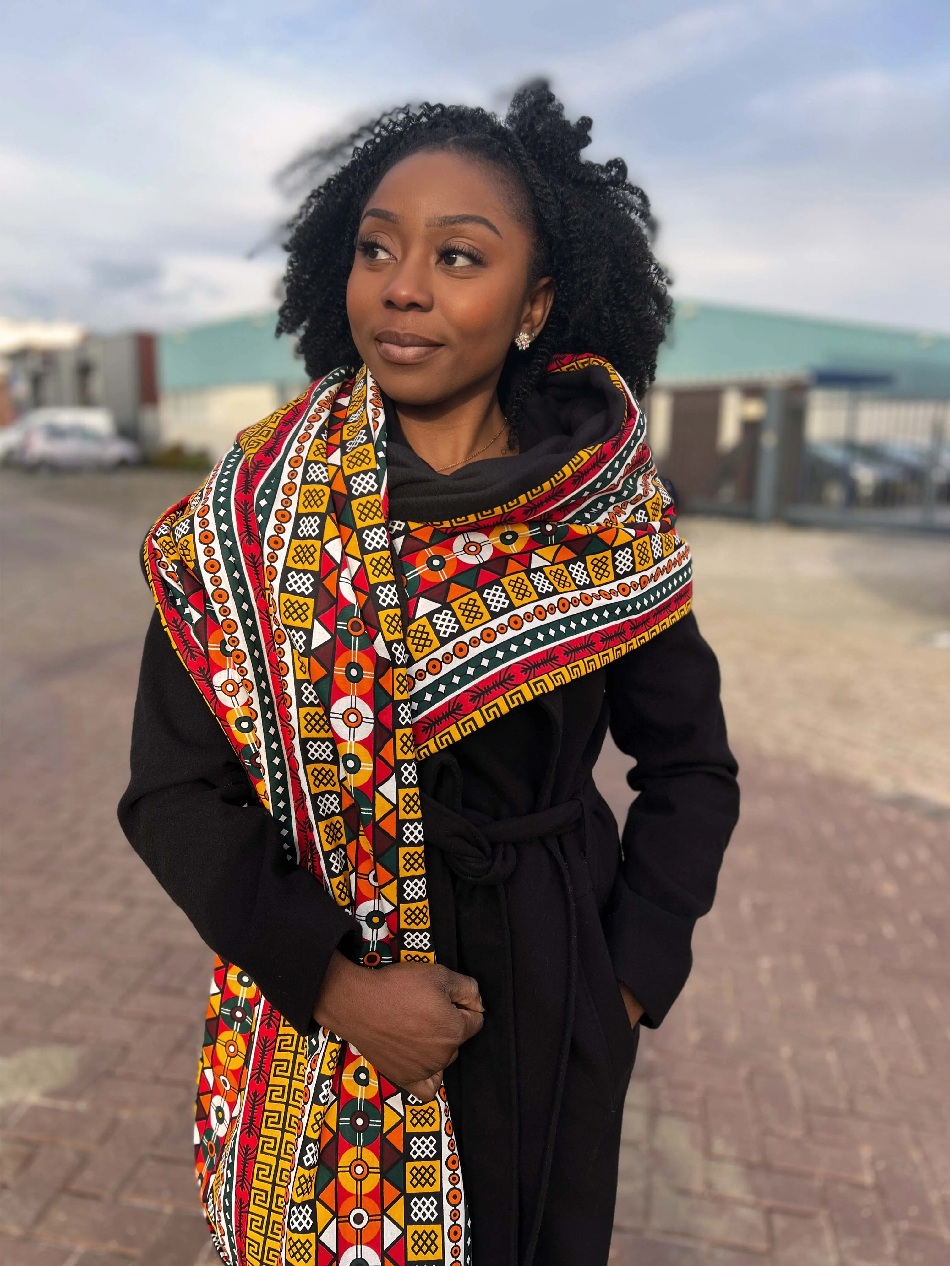 African print Winter scarf for Adults Unisex - Kente Mud yellow / orange