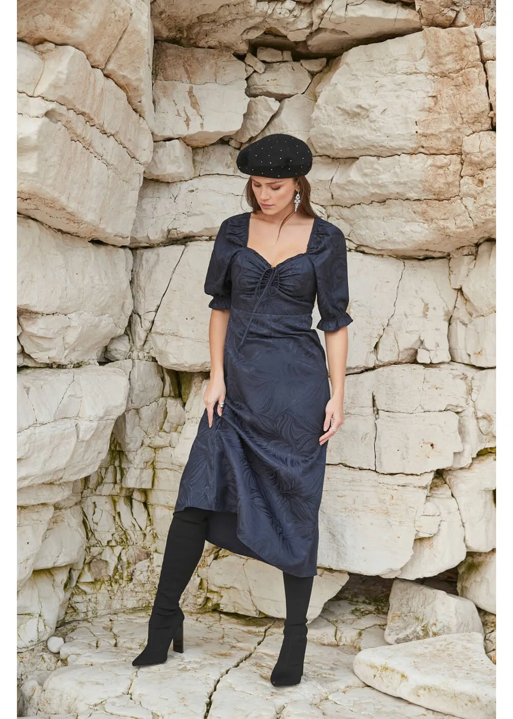 Another Sunday Dolly Dagger Jacquard Midi Dress Navy