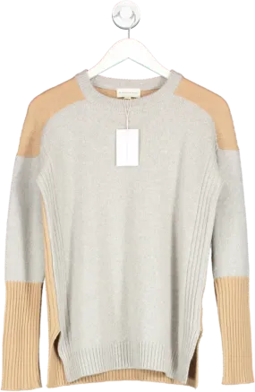 Beaufort & Blake Beige 100% Lambswool Harthill Colour Block Crew Neck Jumper UK XS