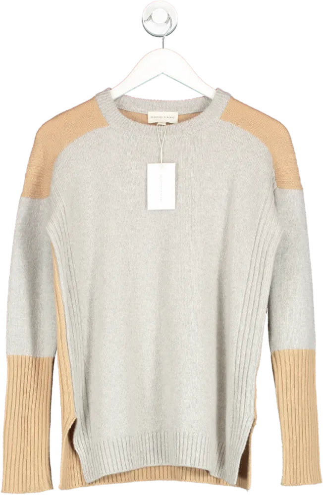 Beaufort & Blake Beige 100% Lambswool Harthill Colour Block Crew Neck Jumper UK XS