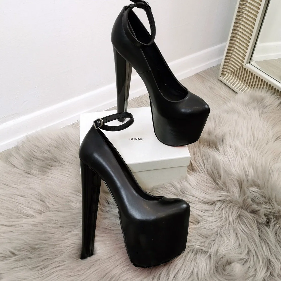 Black Ankle Strap Thick Heels