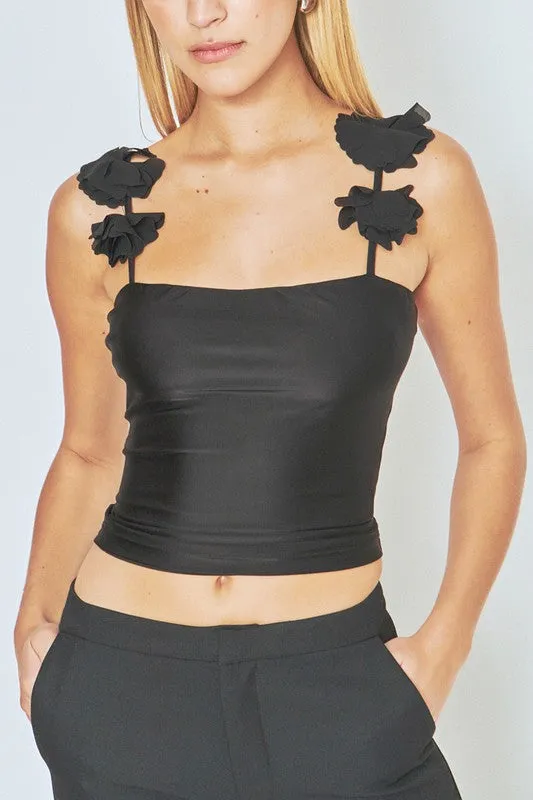 Black Rosette Shoulder Fitted Top