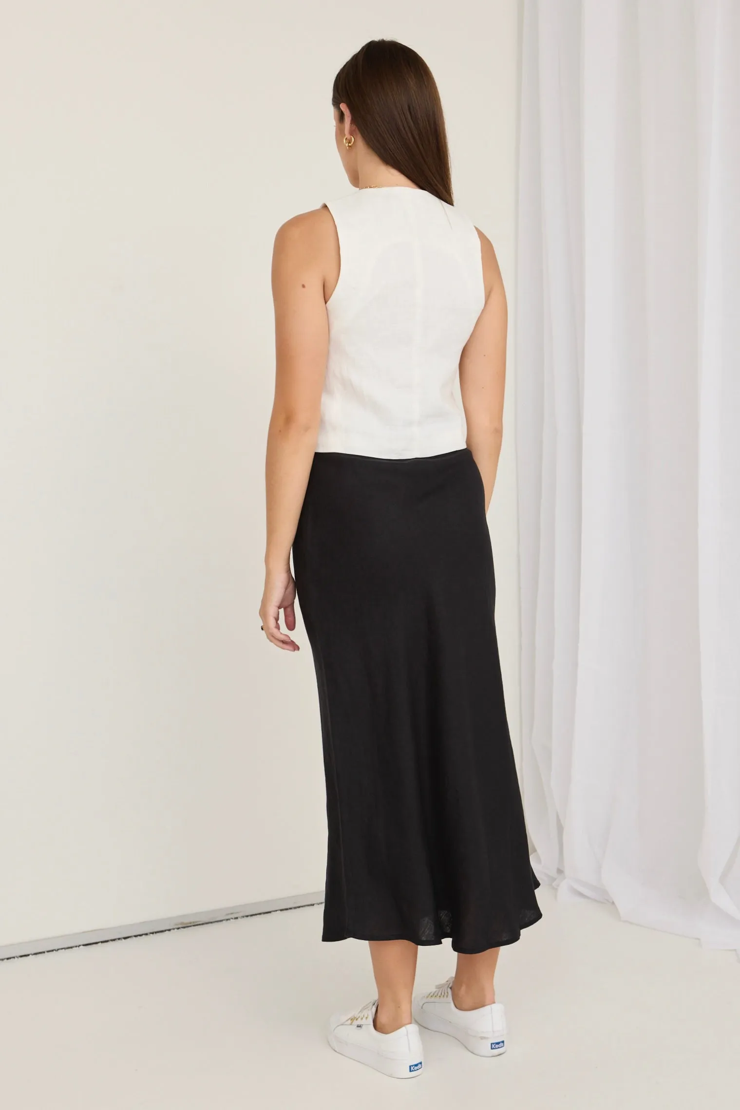 Bliss Black Linen Bias Midi Skirt