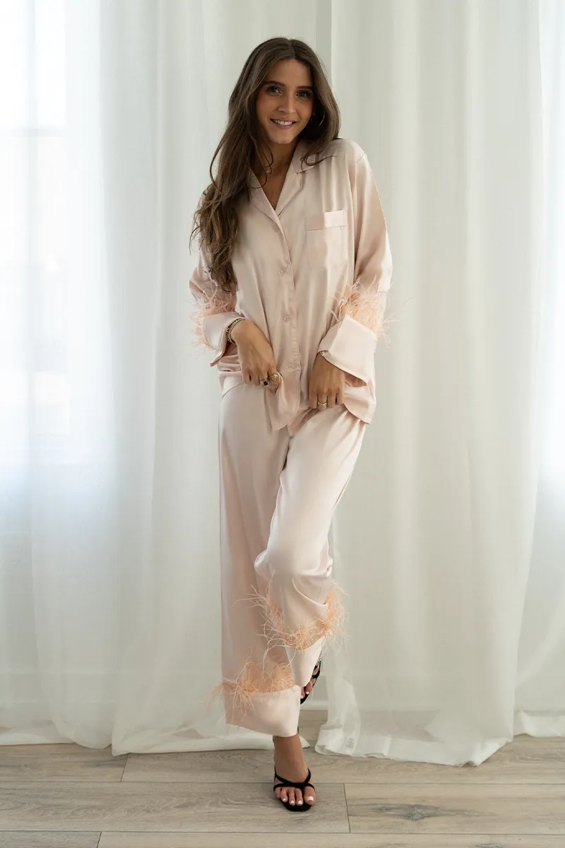 Blush Feather Satin Pants Set