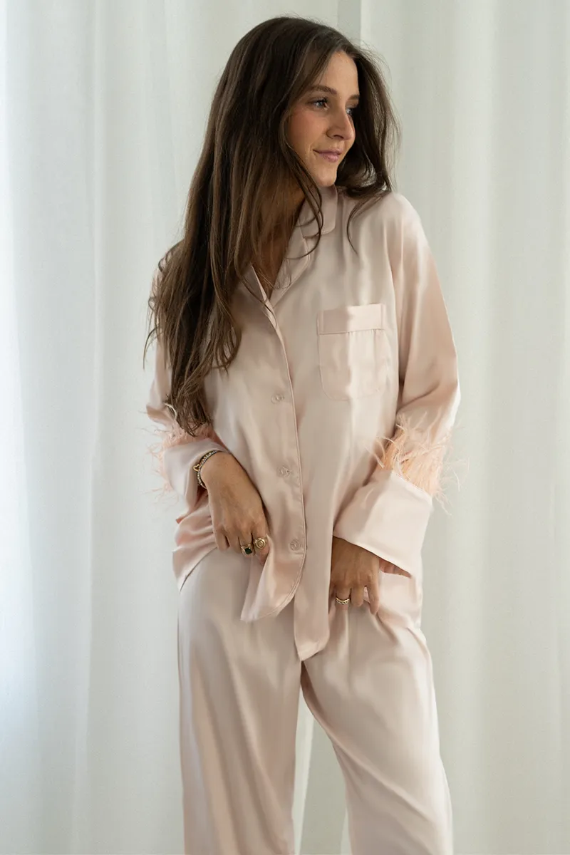 Blush Feather Satin Pants Set