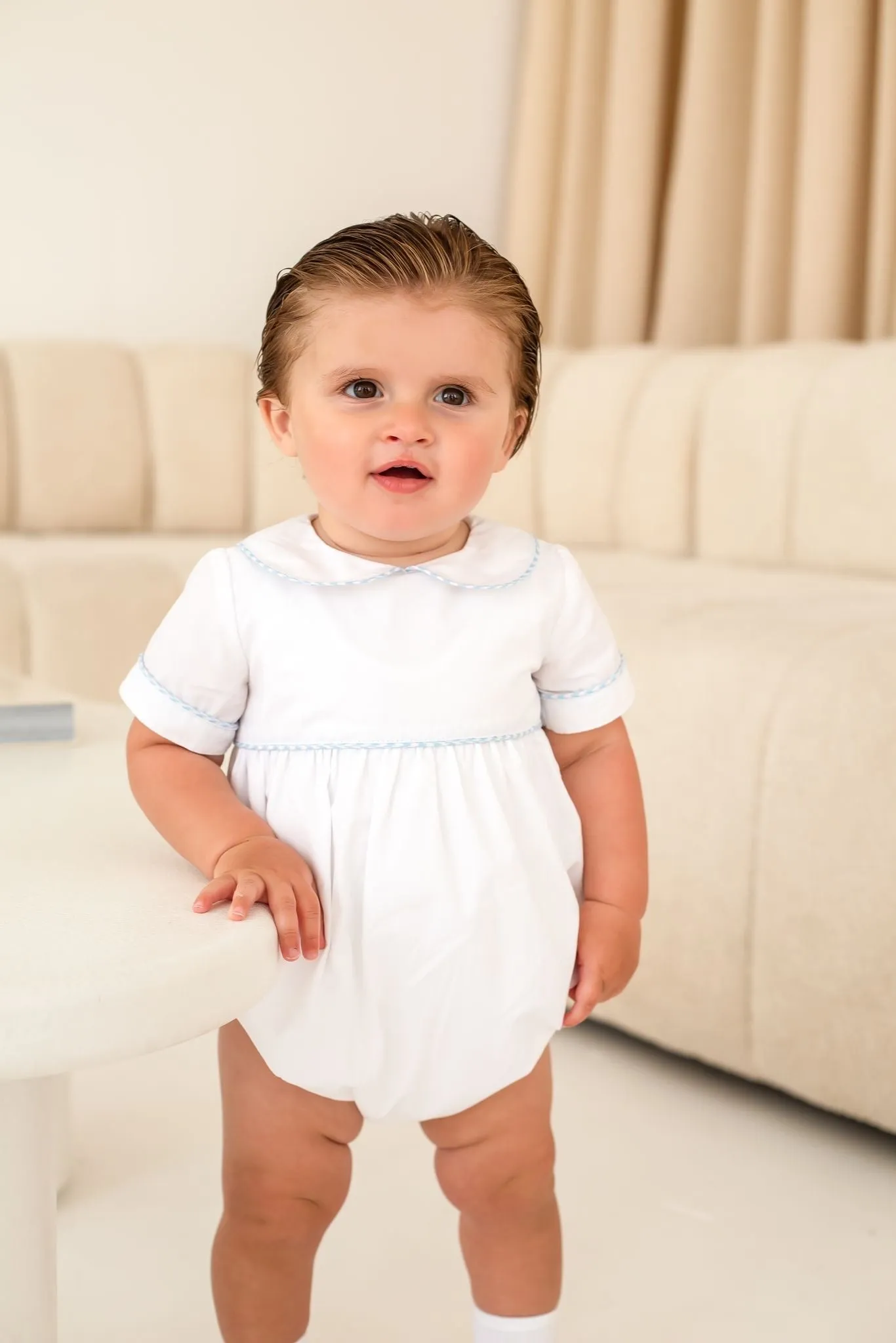 Boys White Romper Trimmed With Blue Houndstooth