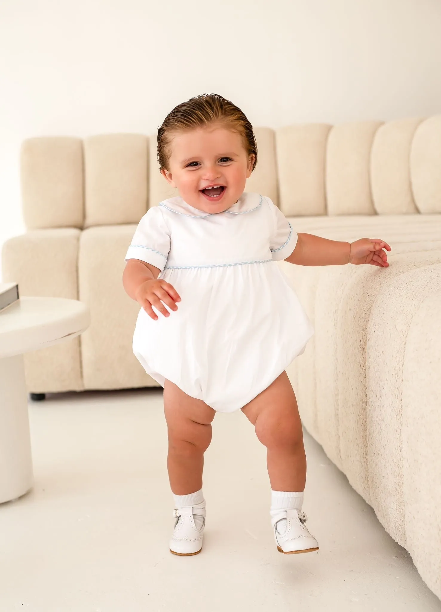 Boys White Romper Trimmed With Blue Houndstooth