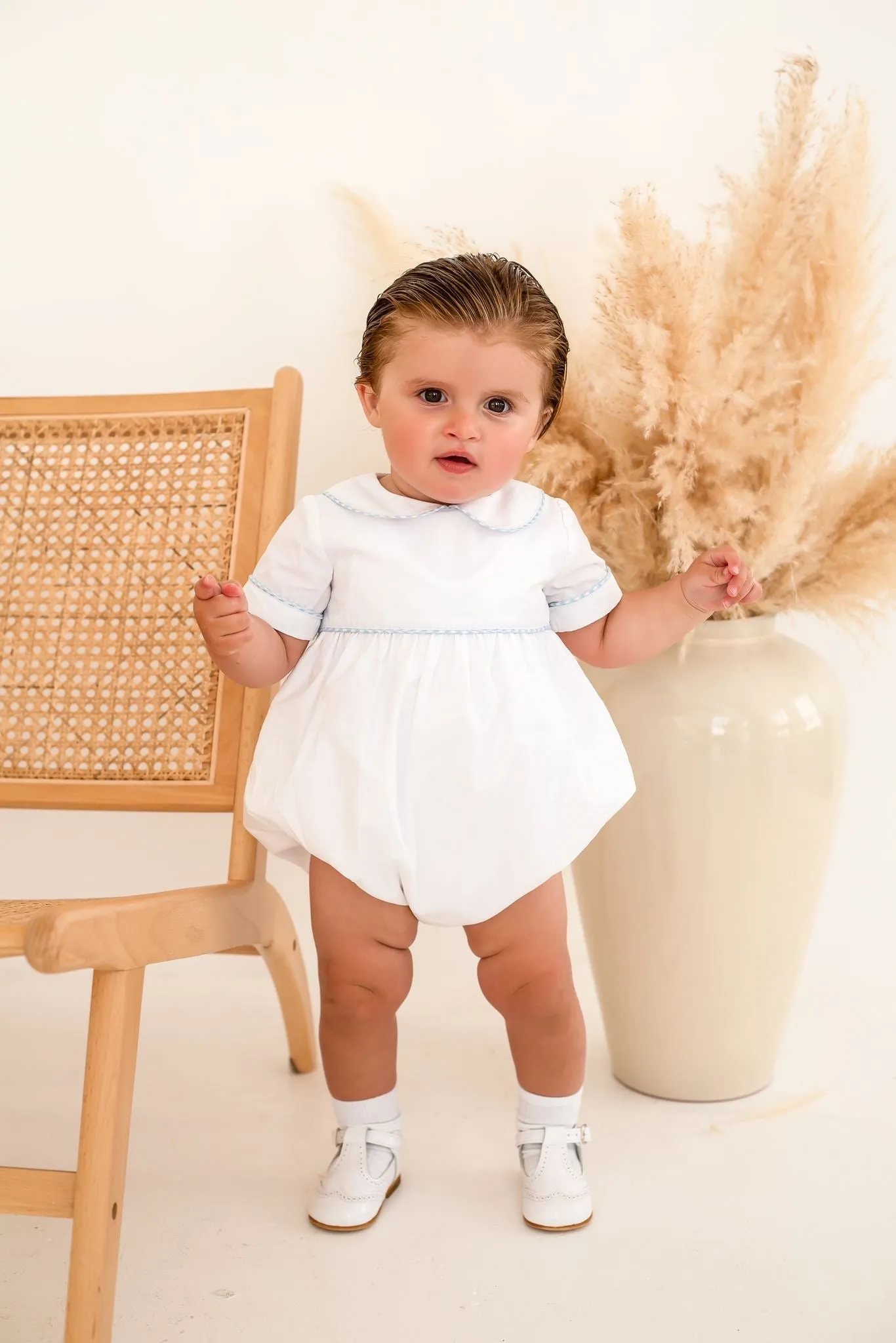 Boys White Romper Trimmed With Blue Houndstooth