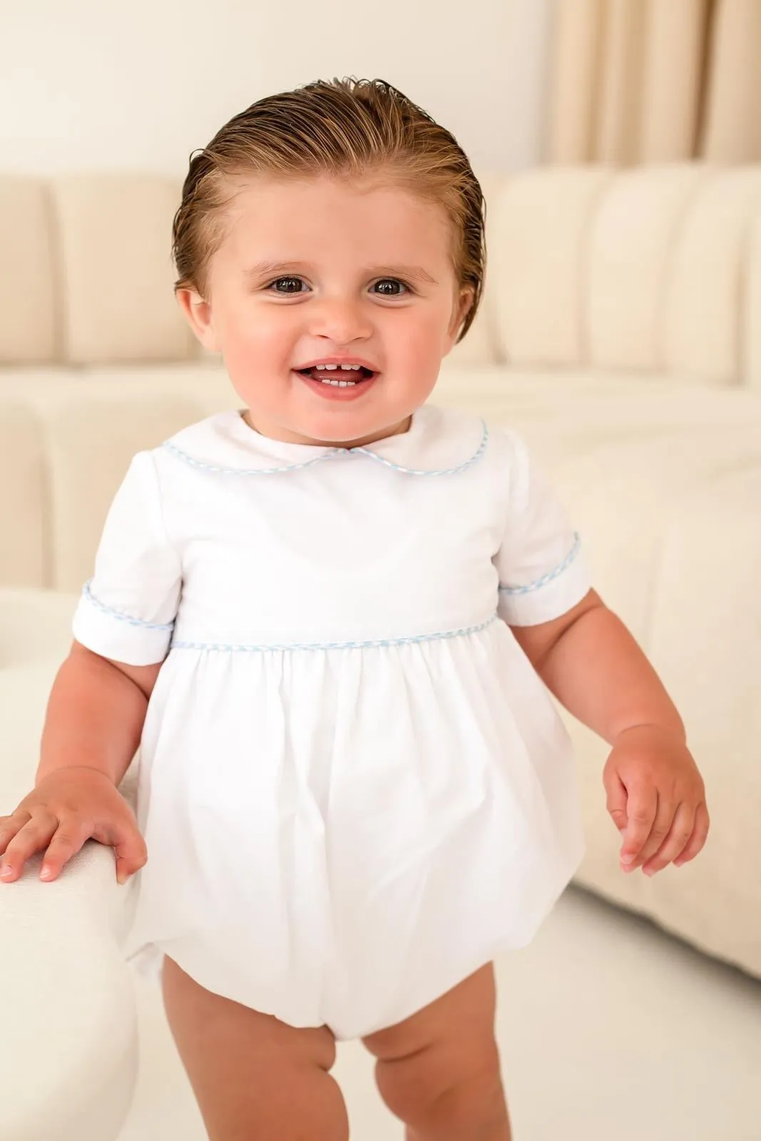 Boys White Romper Trimmed With Blue Houndstooth