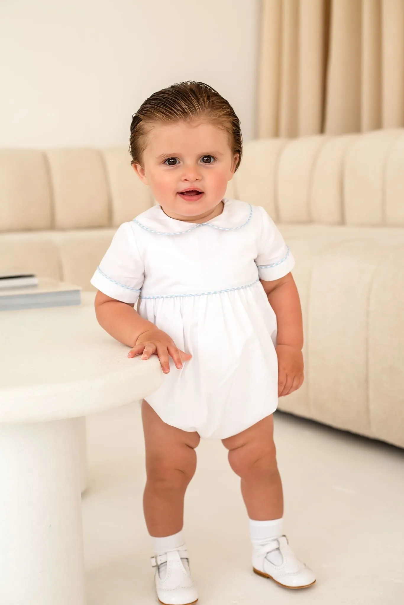 Boys White Romper Trimmed With Blue Houndstooth