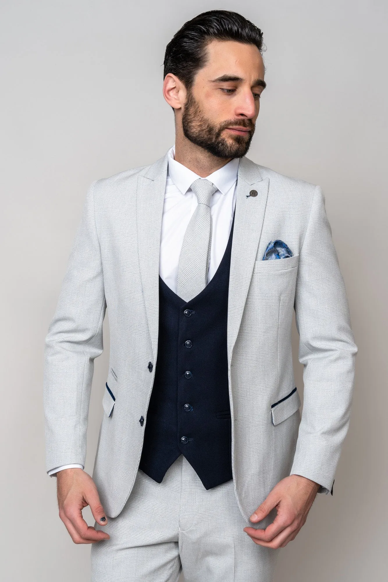 BROMLEY - Stone Check Suit with Kelvin Navy Waistcoat