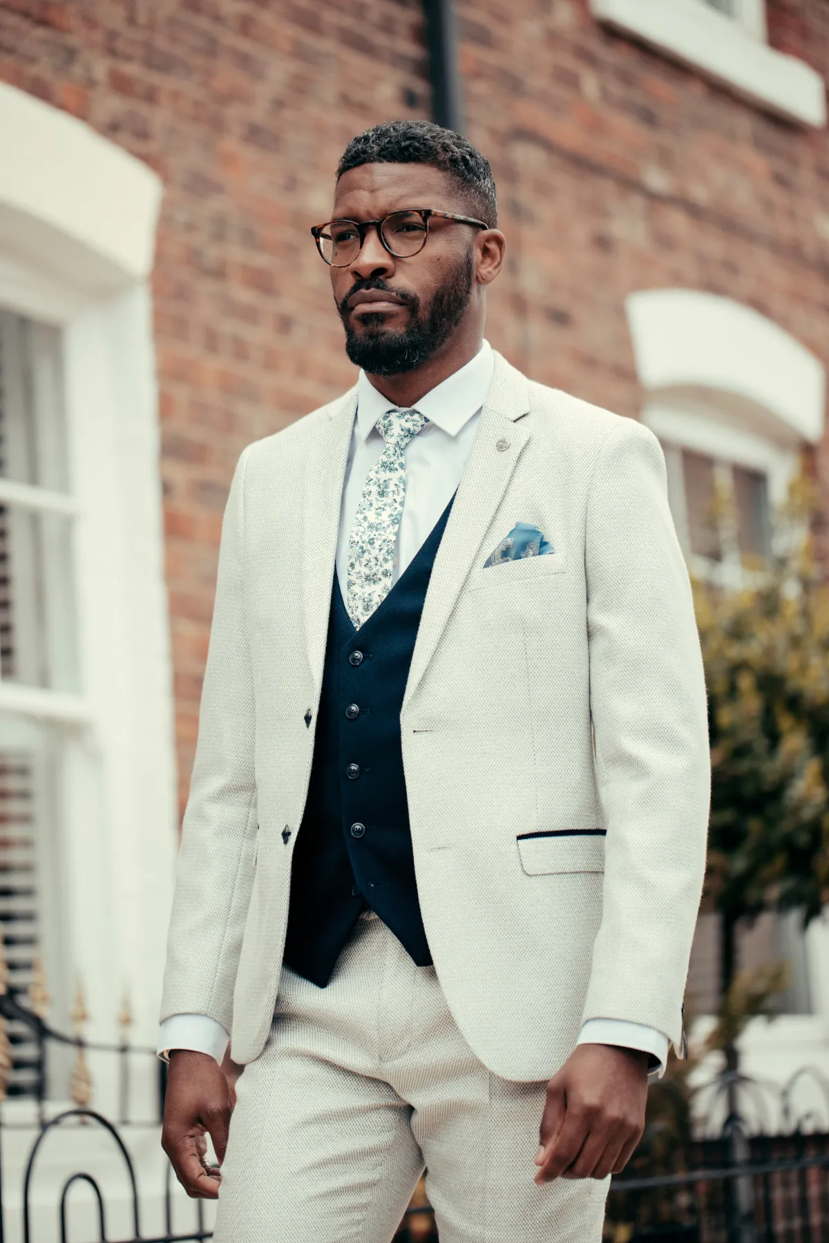 BROMLEY - Stone Check Suit with Kelvin Navy Waistcoat