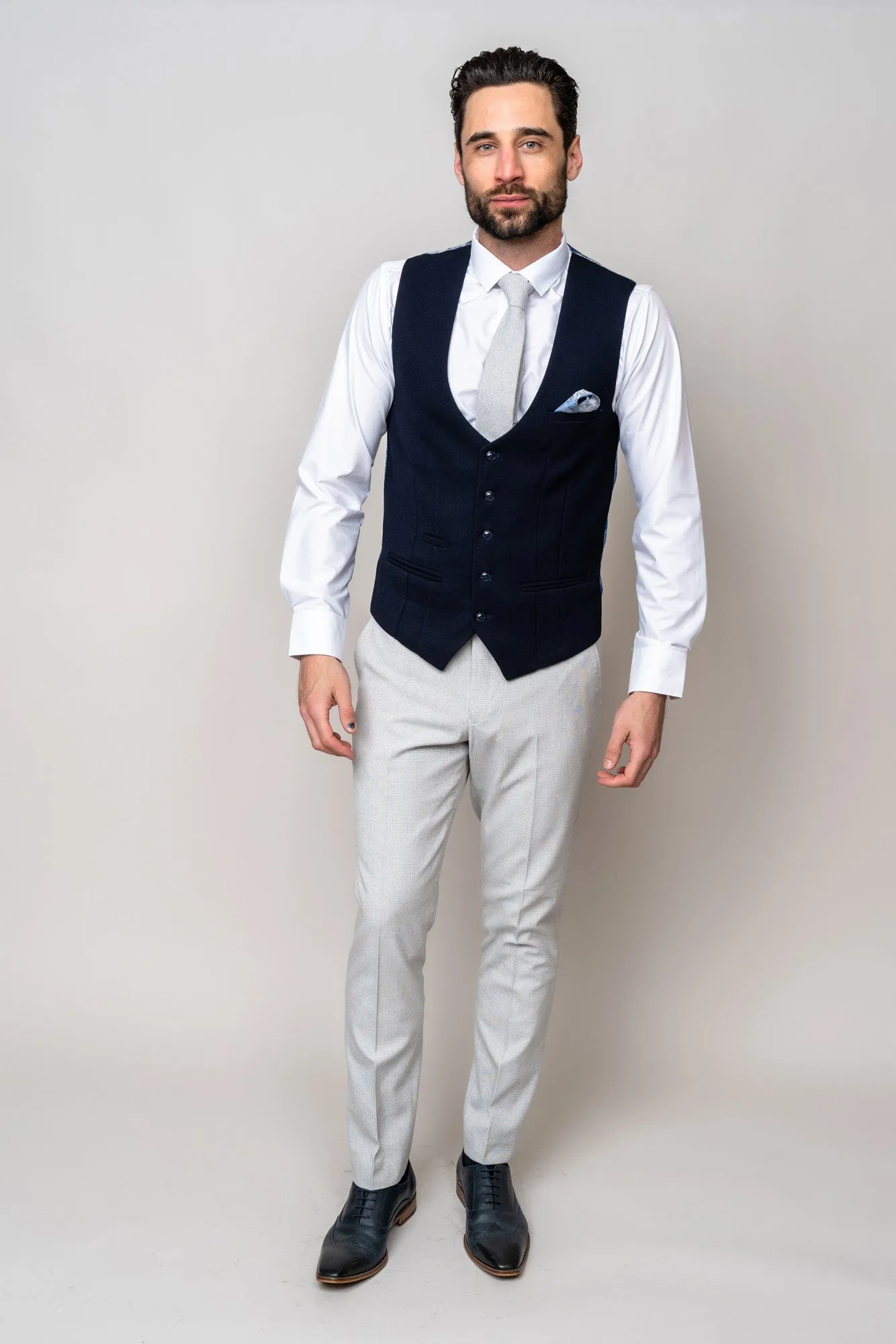 BROMLEY - Stone Check Suit with Kelvin Navy Waistcoat