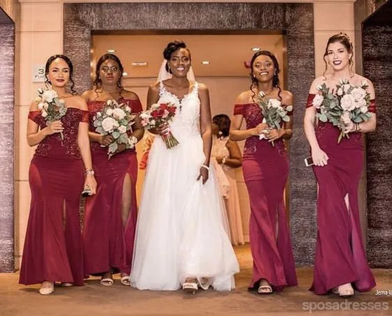 Burgundy Mermaid Off Shoulder Side Slit Cheap Long Bridesmaid Dresses,WG1623