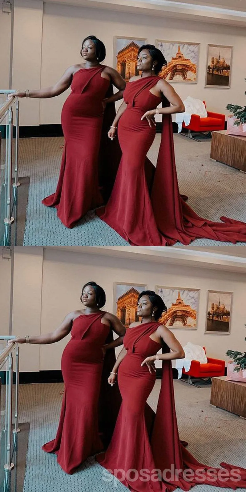 Burgundy Mermaid One Shoulder Cheap Long Bridesmaid Dresses,WG1447