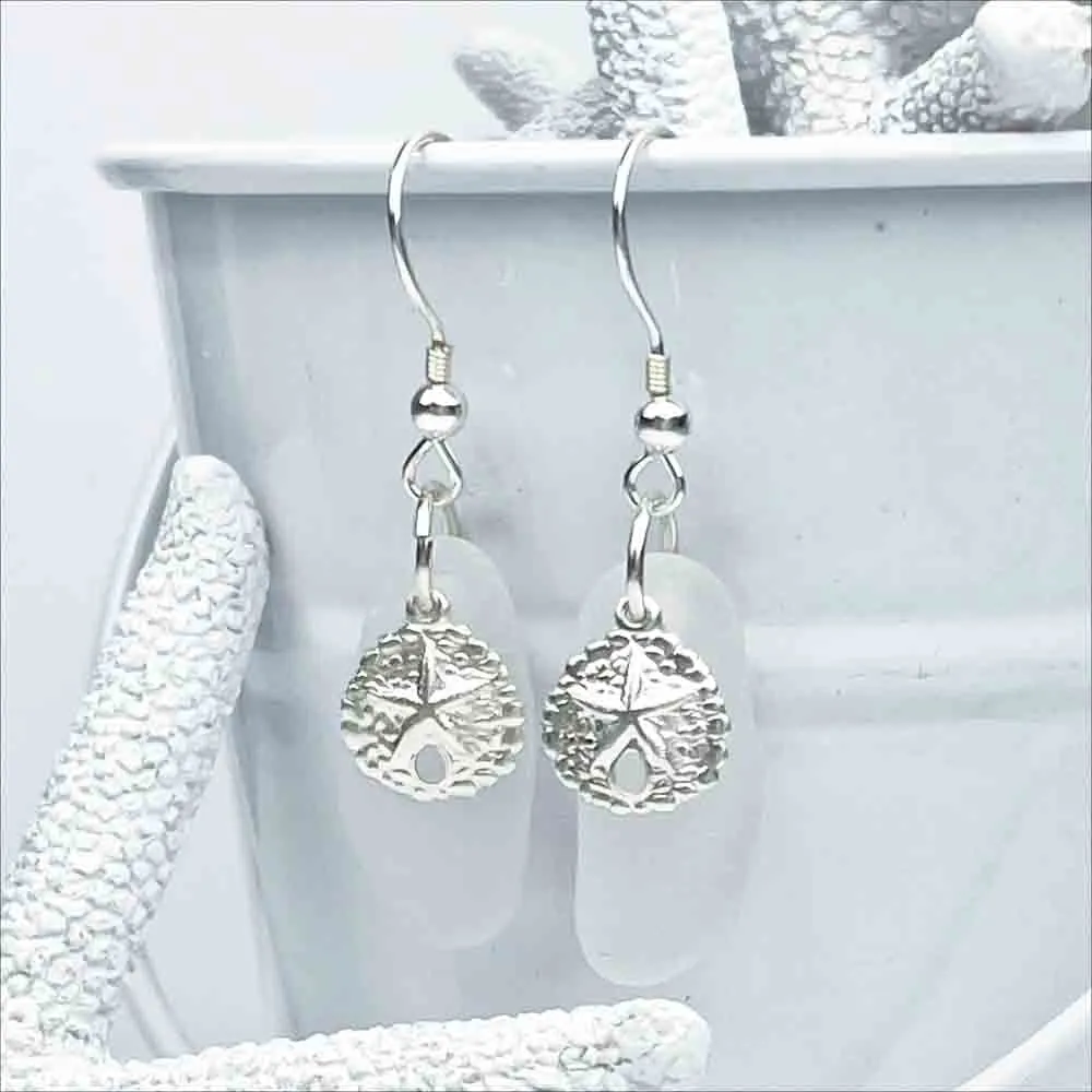 Calm, Clear Sea Glass Dangle Earrings with Sand Dollar Charms| # 1762