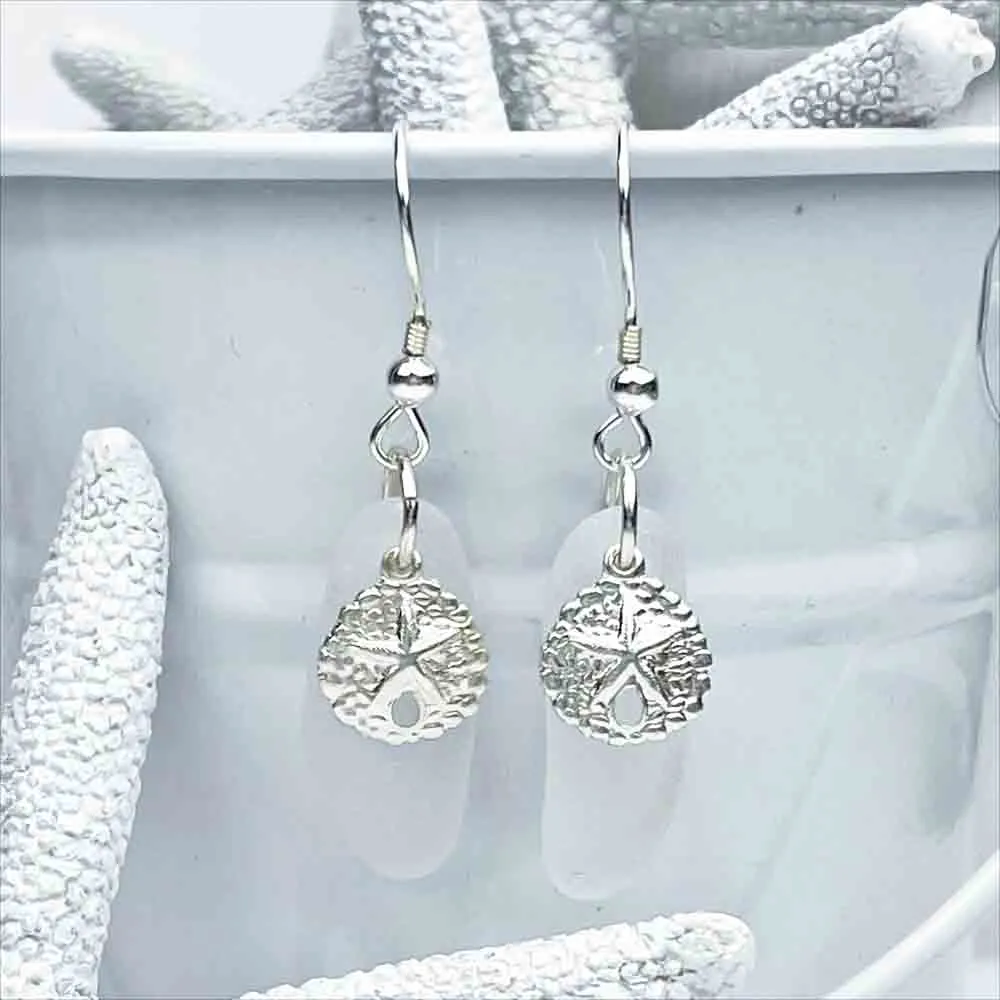 Calm, Clear Sea Glass Dangle Earrings with Sand Dollar Charms| # 1762