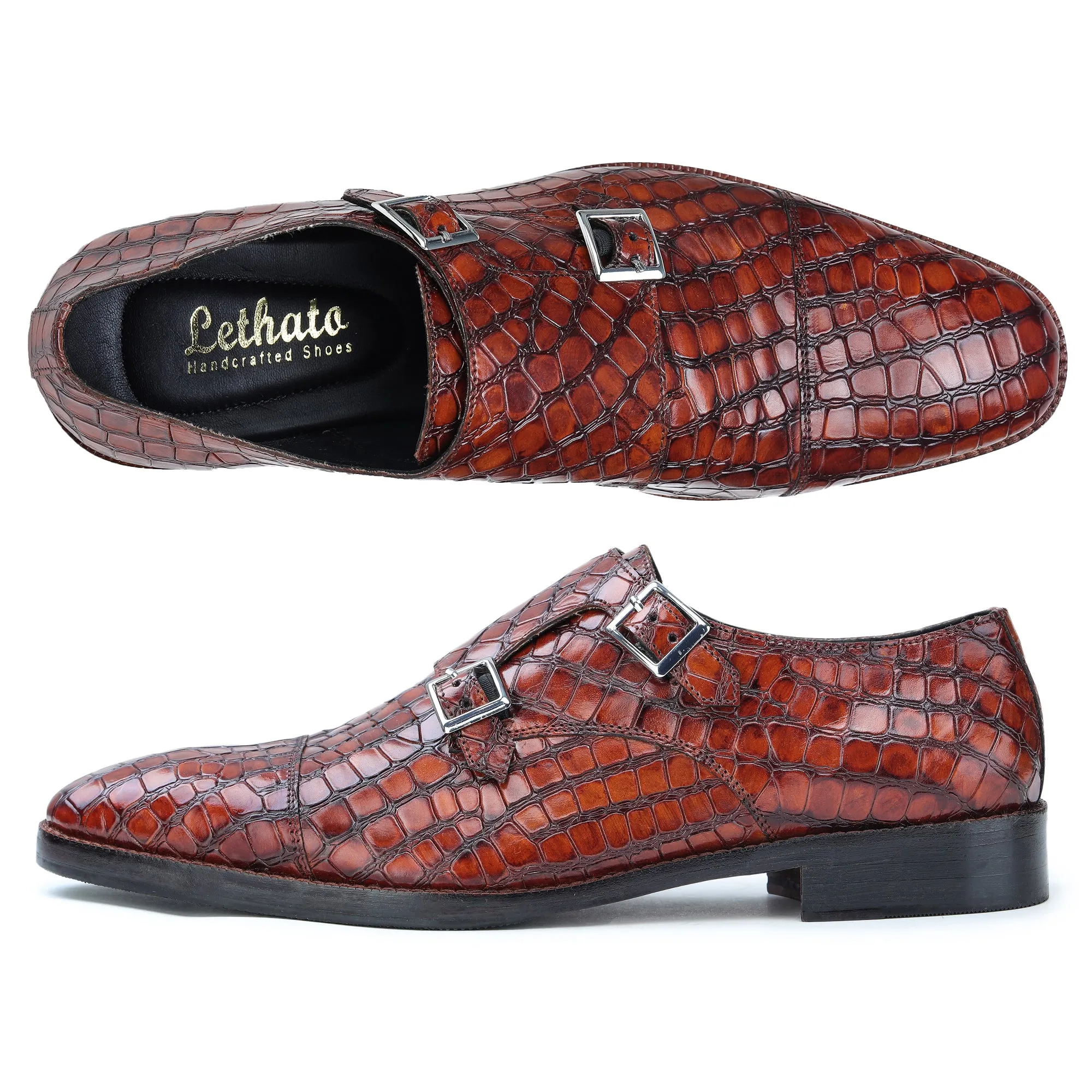 Captoe Double Monk Strap - Croc Brown