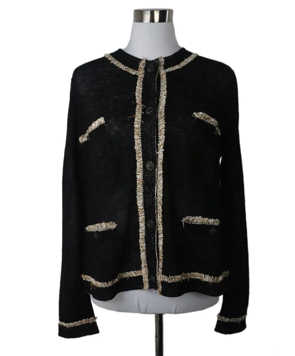 Chanel Black Cotton Cardigan w/ Tweed Trim sz 14