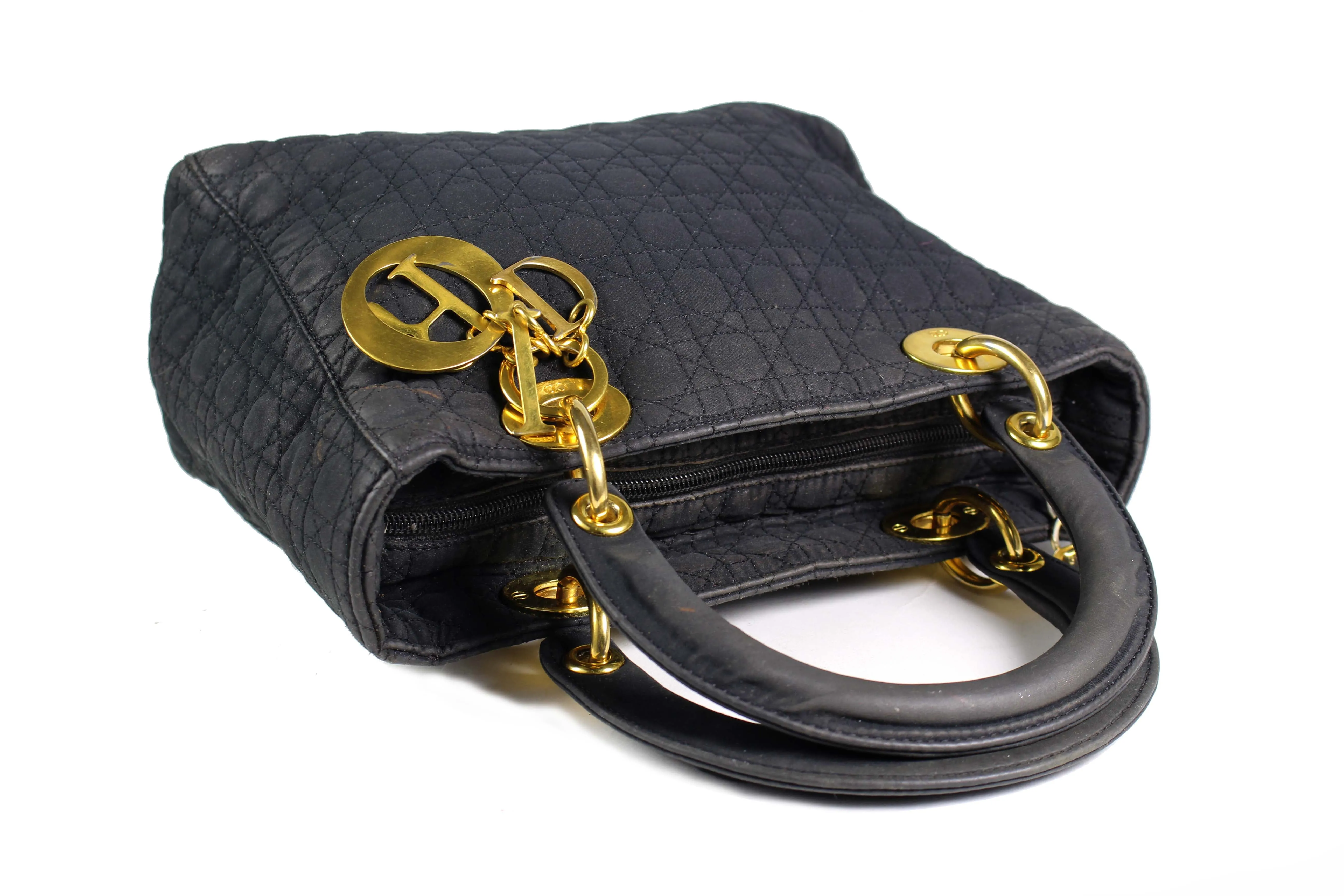 CHRISTIAN DIOR black cannage microfibre Lady Dior bag