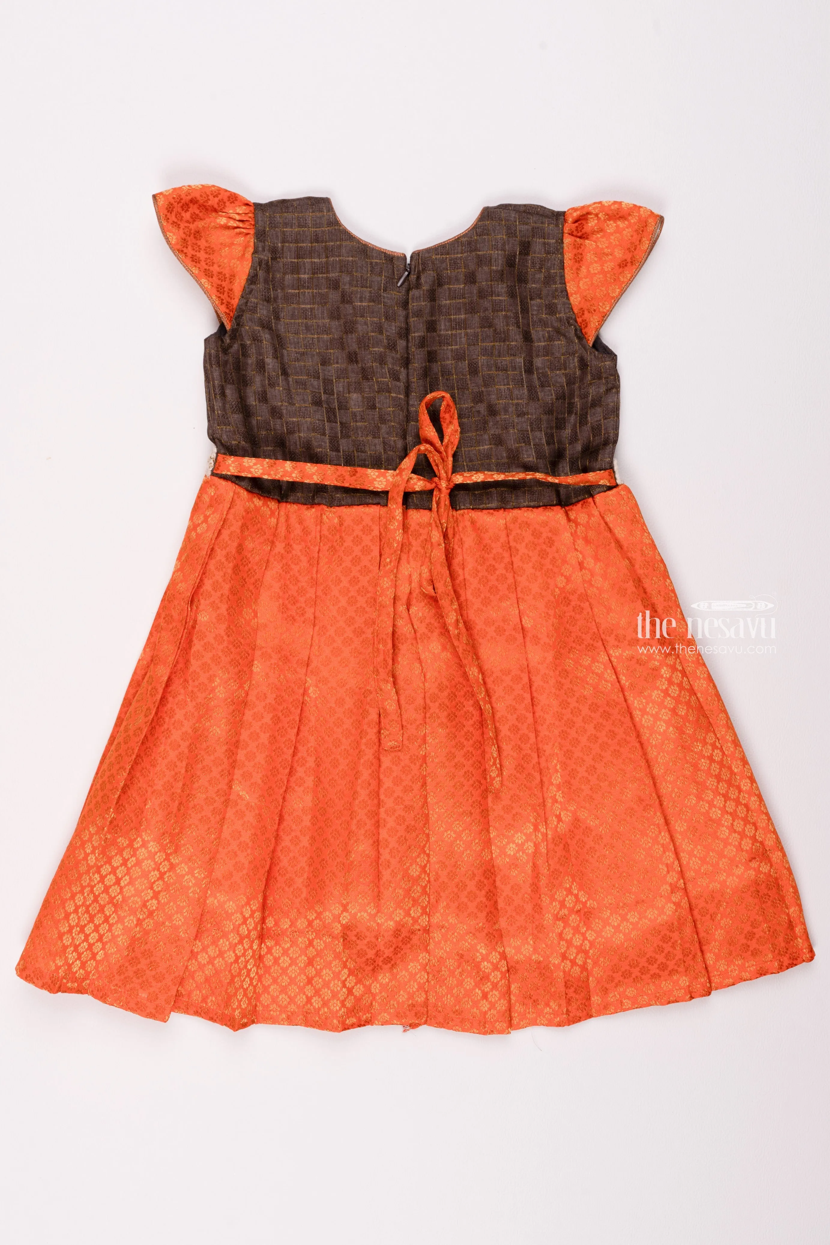 Citrus Twist: Brocade Knife-Pleated Silk Frock with Geometric Brown Yoke