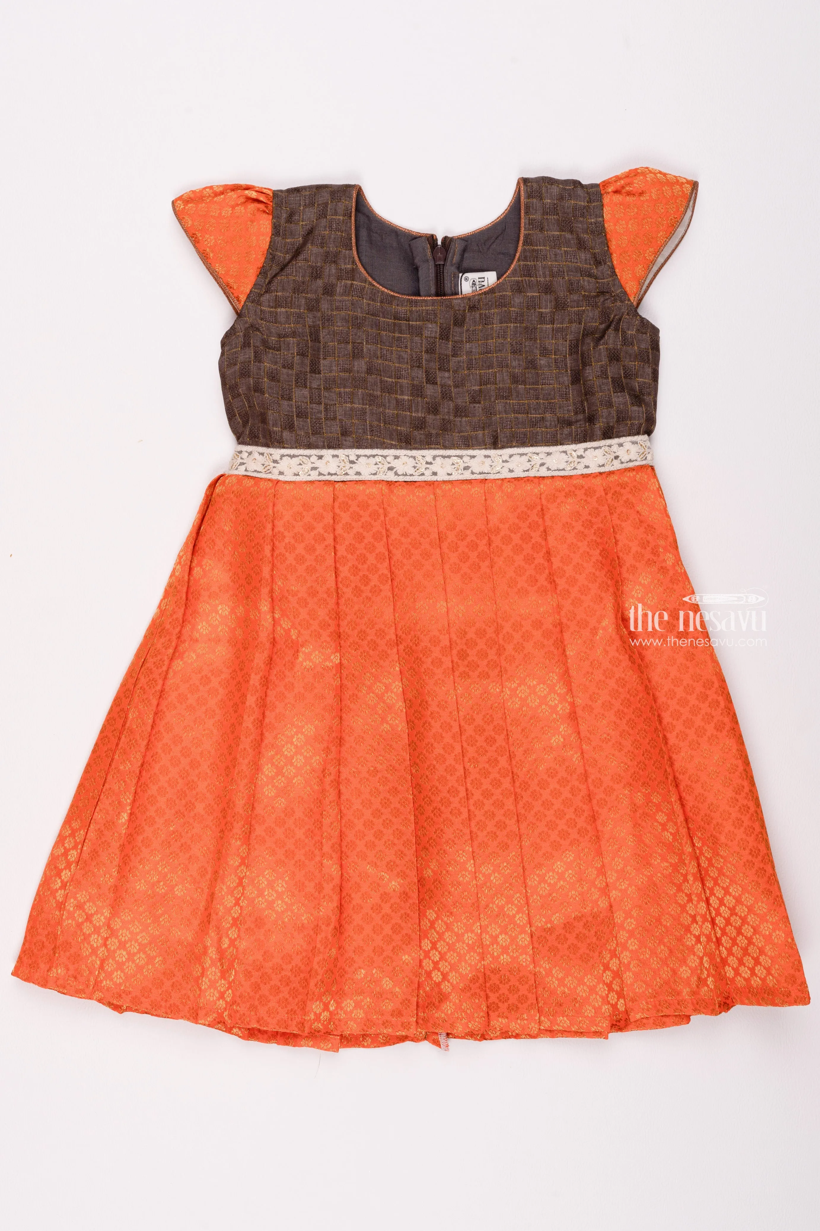 Citrus Twist: Brocade Knife-Pleated Silk Frock with Geometric Brown Yoke