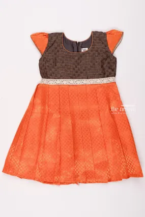 Citrus Twist: Brocade Knife-Pleated Silk Frock with Geometric Brown Yoke