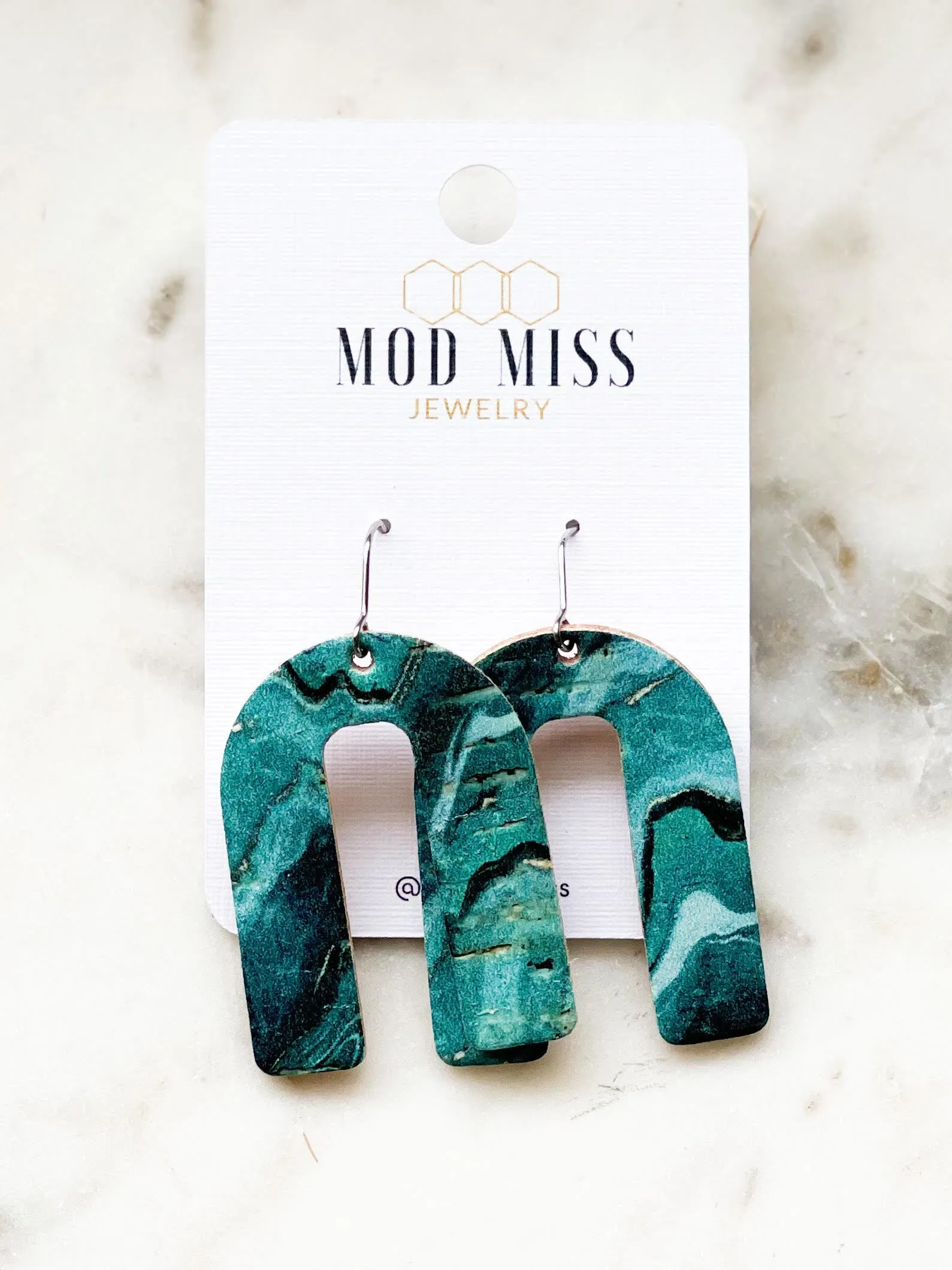 Cork Leather Arch Earring Emerald Aqua