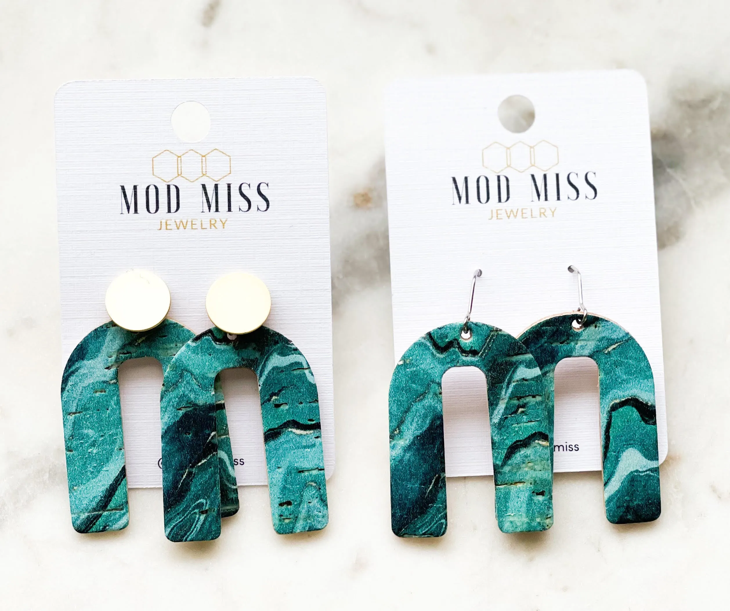 Cork Leather Arch Earring Emerald Aqua