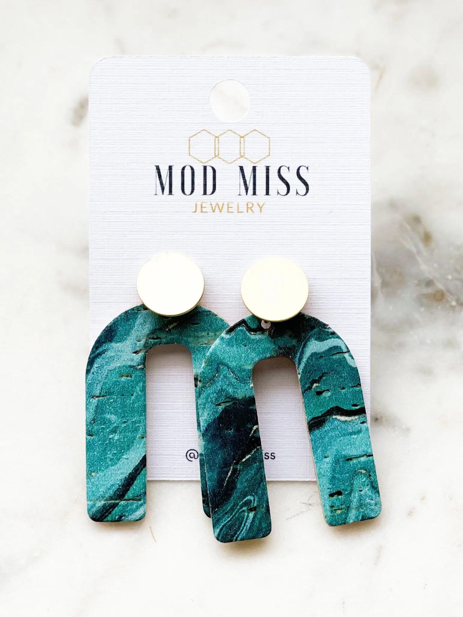 Cork Leather Arch Earring Emerald Aqua