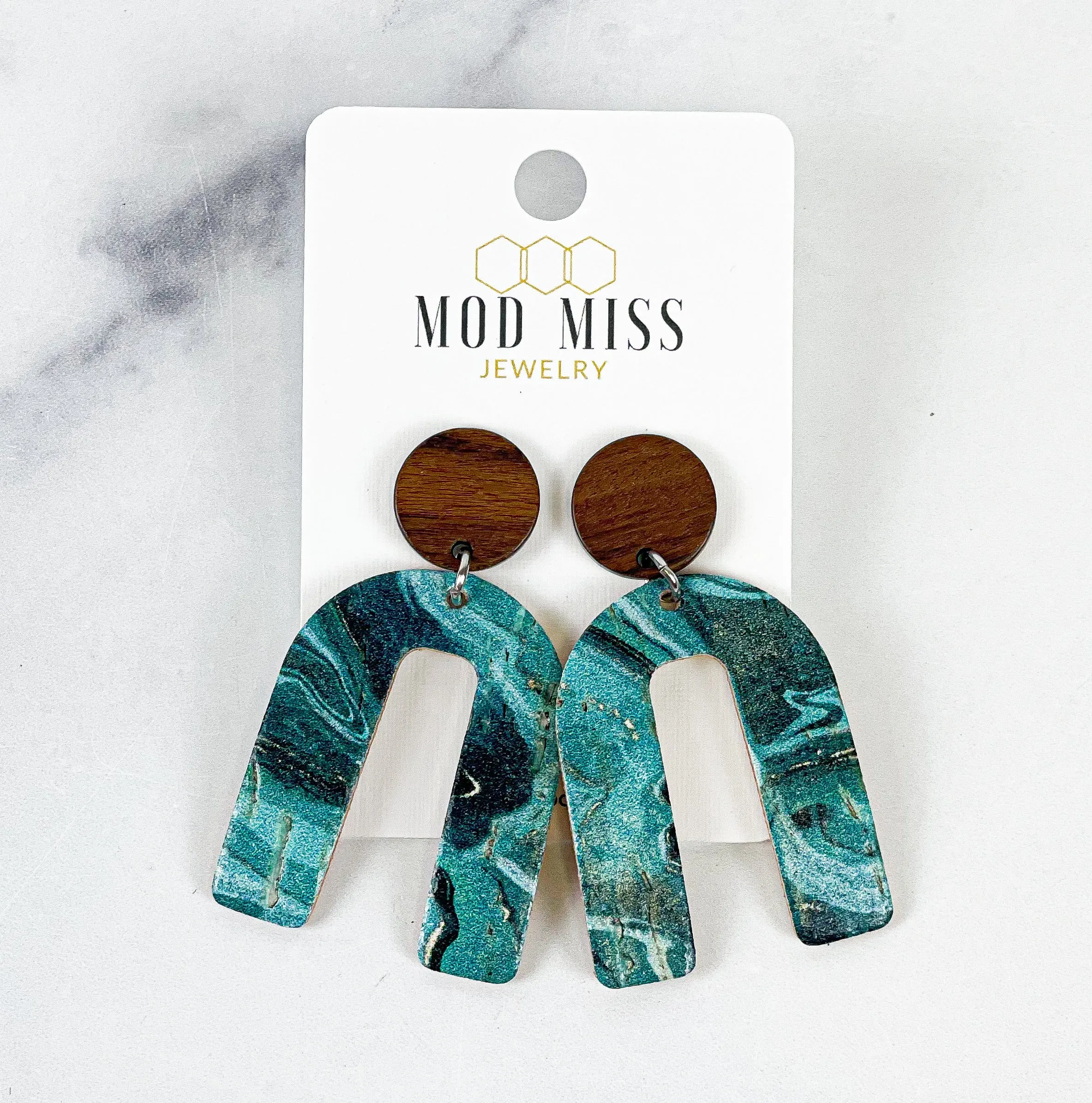 Cork Leather Arch Earring Emerald Aqua