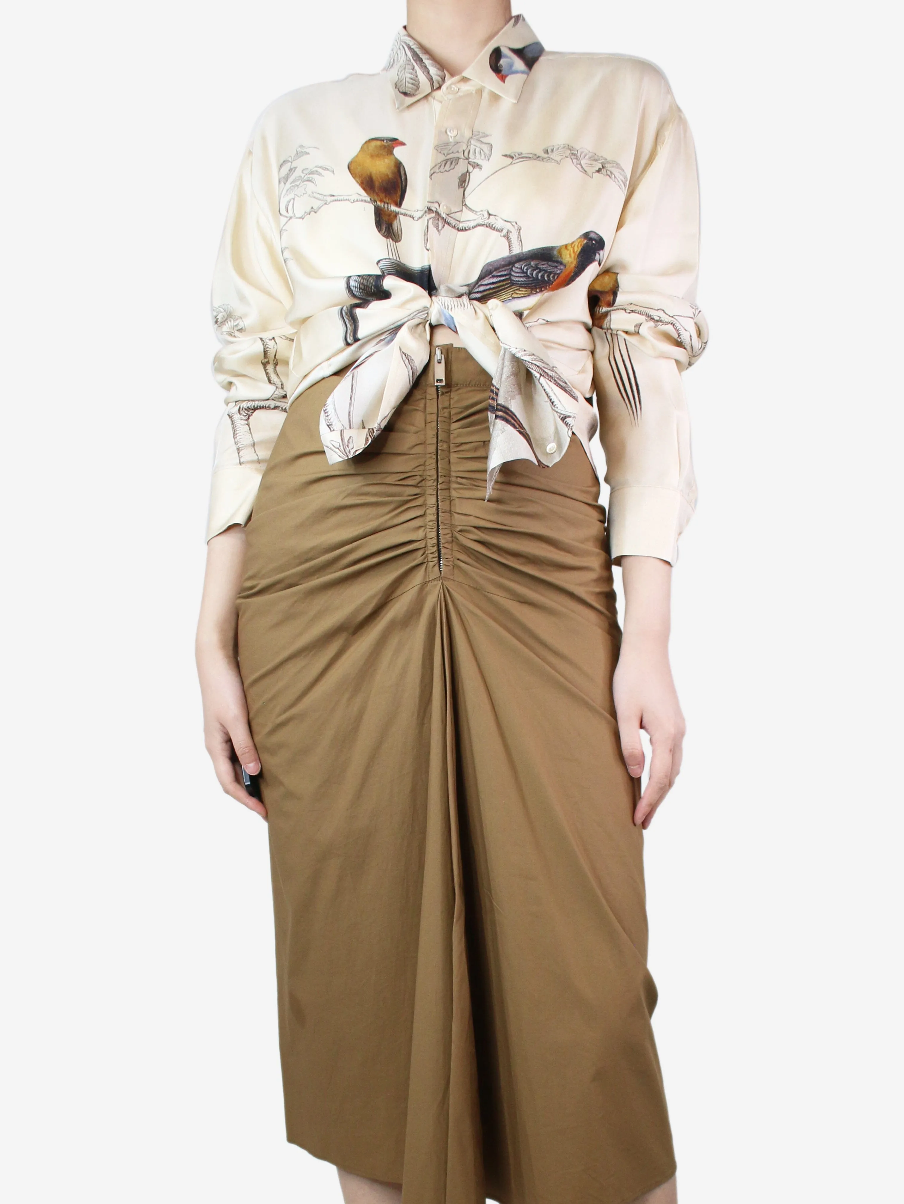 Cream silk bird printed shirt - size XS