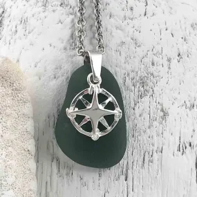 Deep Gray Sea Glass Pendant with Sterling Silver Compass Charm | #1192