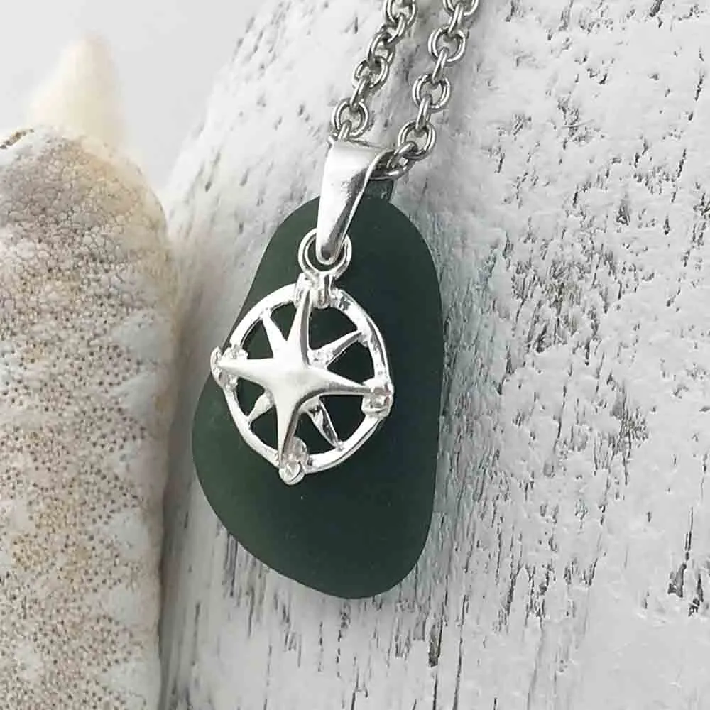 Deep Gray Sea Glass Pendant with Sterling Silver Compass Charm | #1192