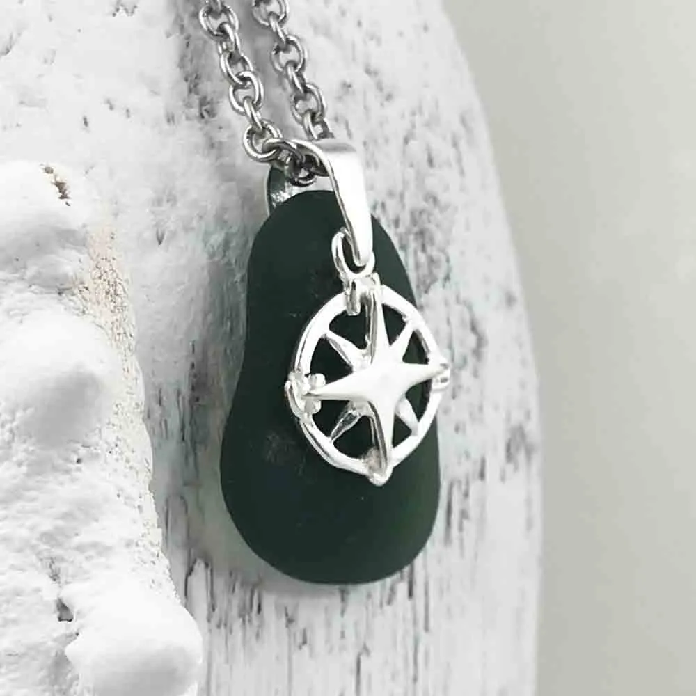 Deep Gray Sea Glass Pendant with Sterling Silver Compass Charm | #1192