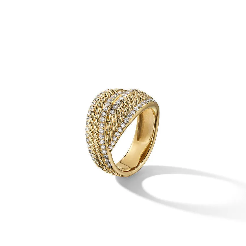 DY Origami Ring in 18K Yellow Gold with Pave Diamond Rails