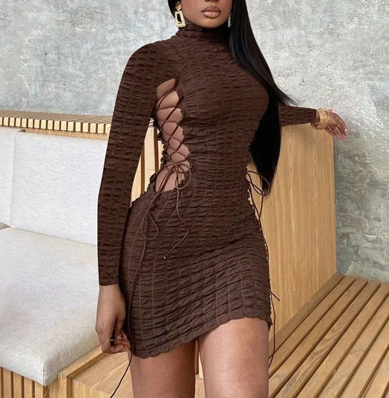 Elastic Fit Side Criss Cross Ruched Long Sleeve Turtleneck Jumper Bodycon Dress