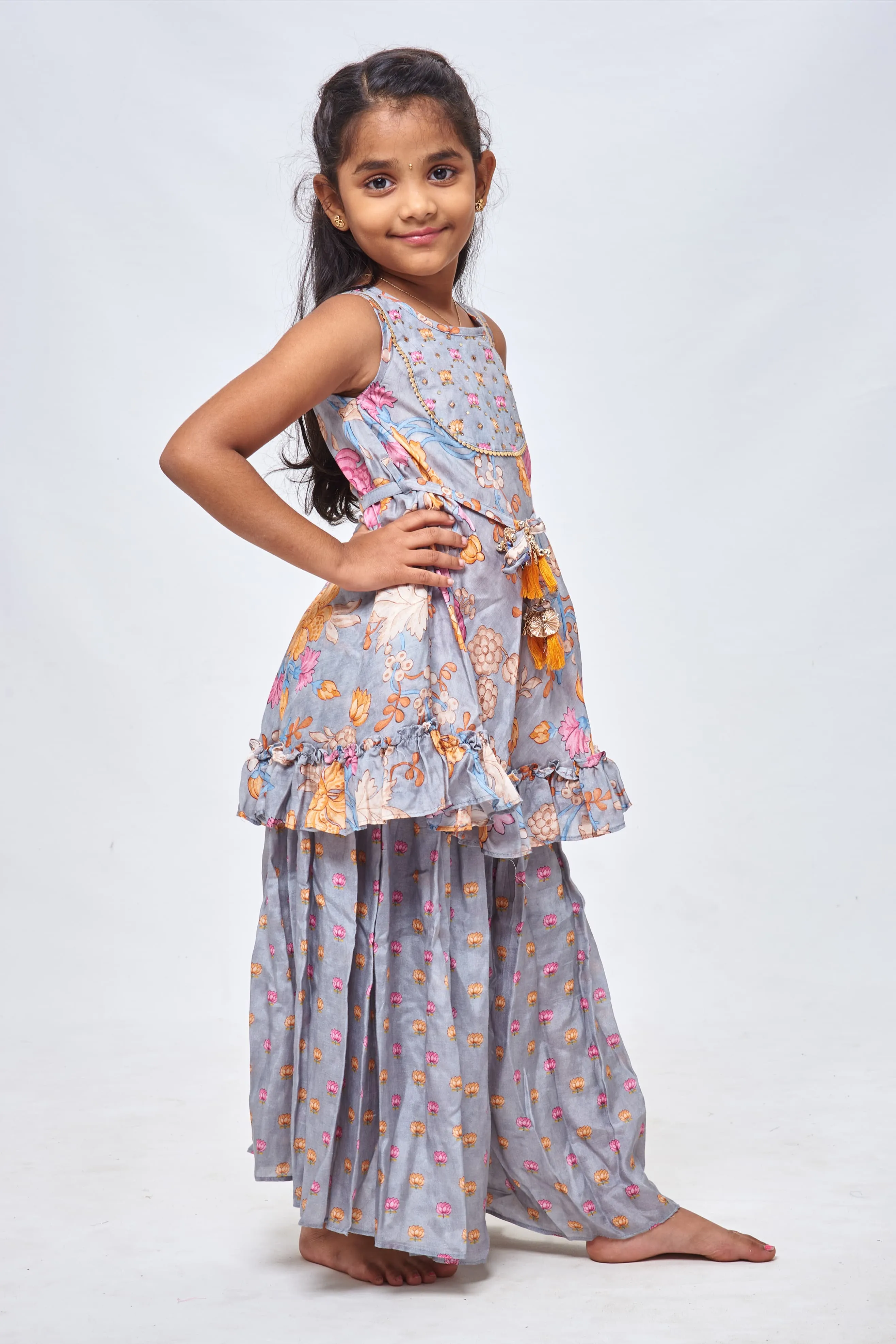 Elegant Grey Floral Flared Kurti & Pleated Palazzo: Timeless Ensemble for Stylish Girls- Latest New Diwali Collections