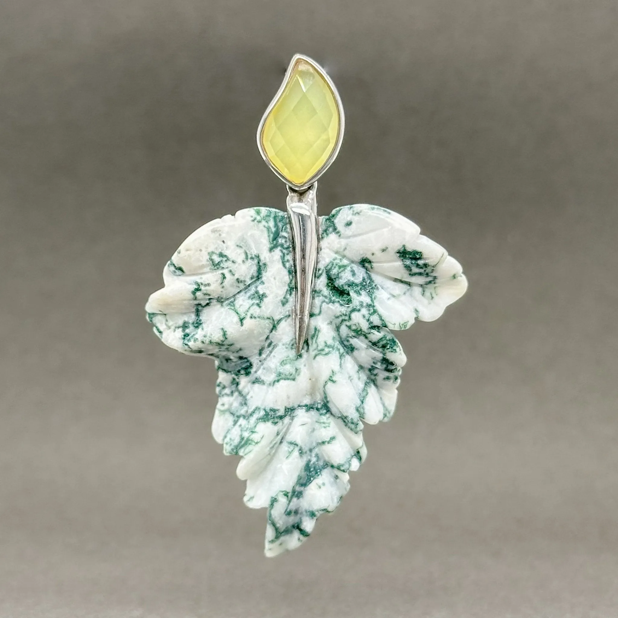 Estate SS Judy Crowell Carved Moss Agate Leaf Pendant B