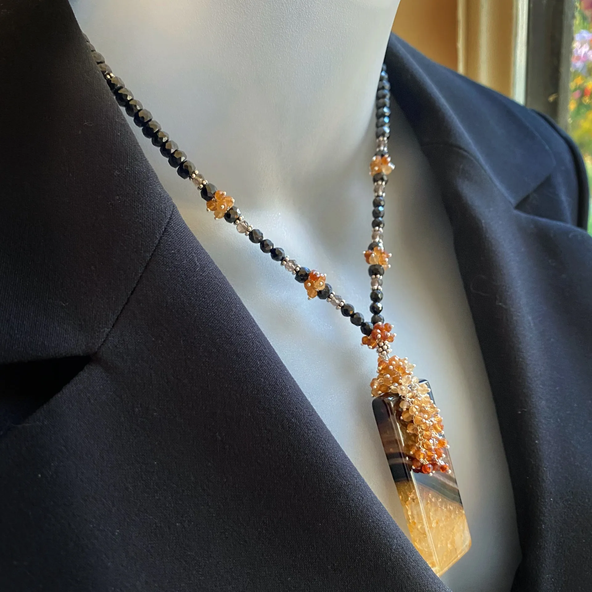 Geology banded agate, black spinel and garnet cluster necklace