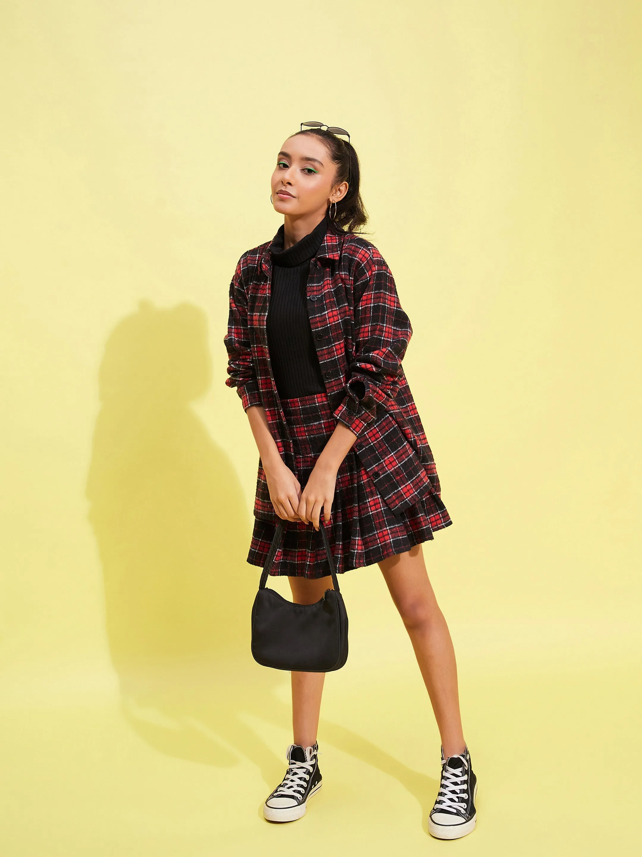 Girls Red & Black Check Oversized Shirt