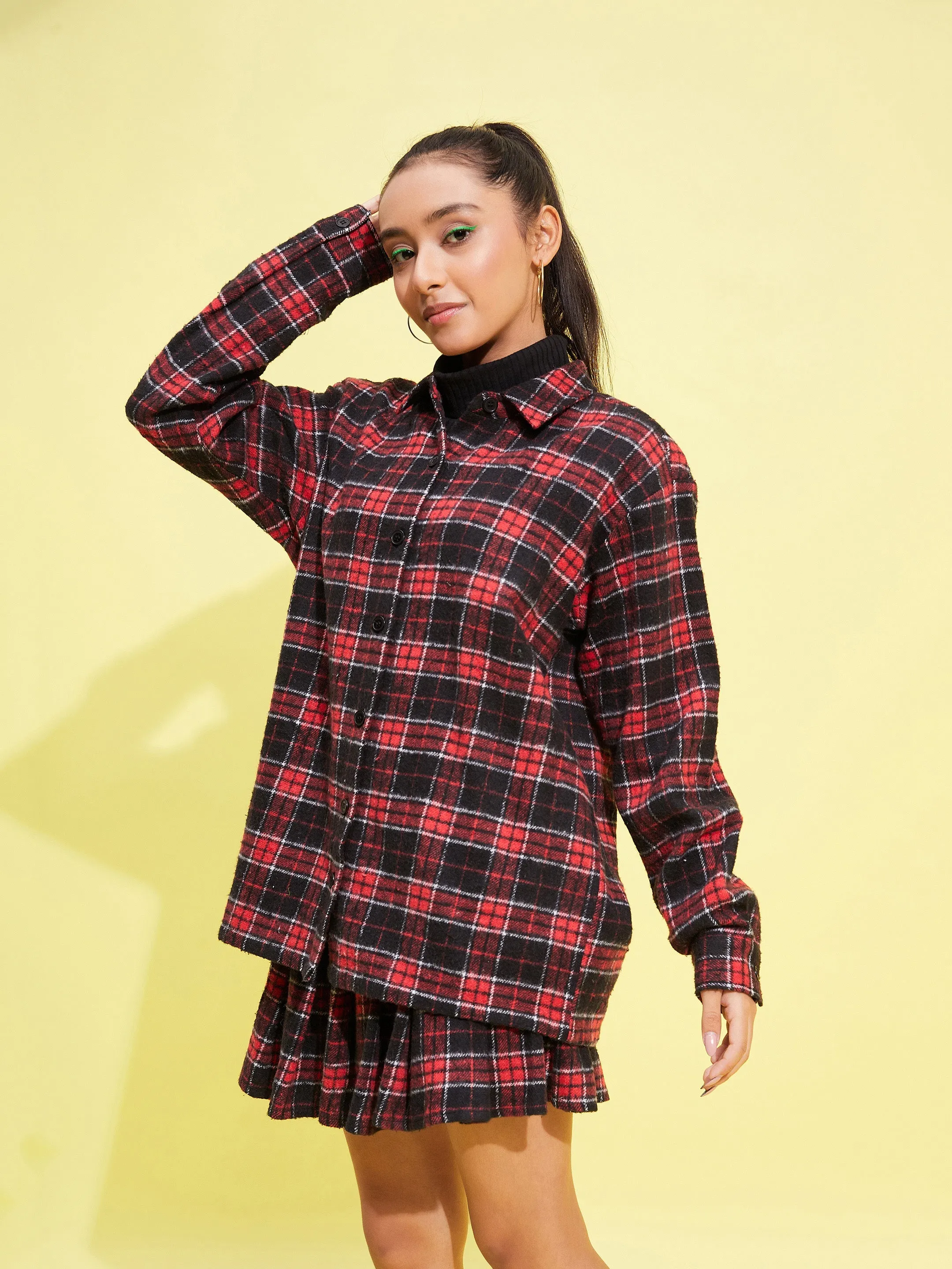 Girls Red & Black Check Oversized Shirt