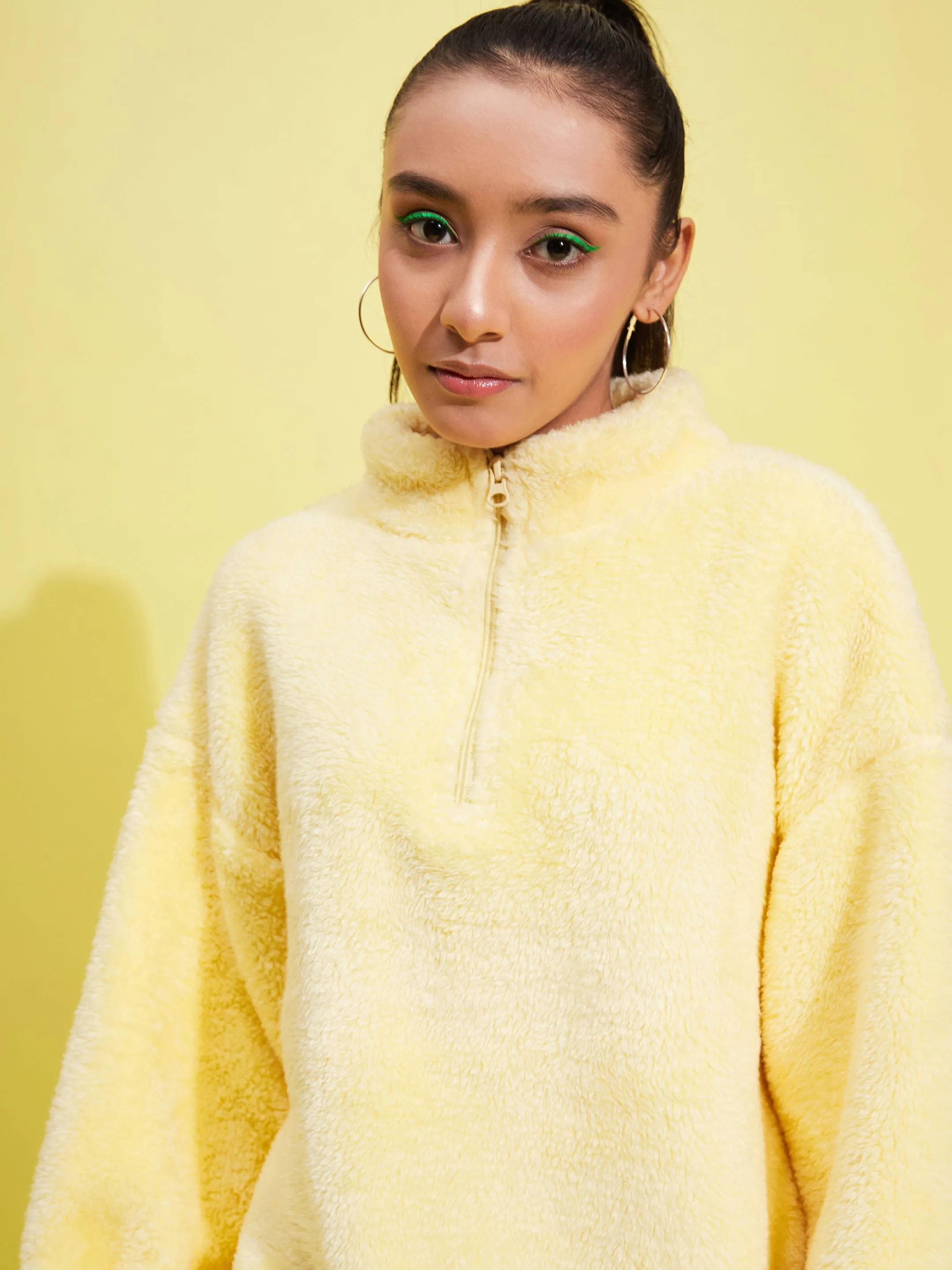 Girls Yellow Fur Front Zipper Sweatshirt